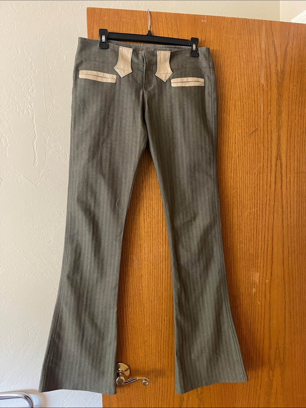 Electric Barbarella Olive Pinstripe Trousers with Cream Leather Trim size 6